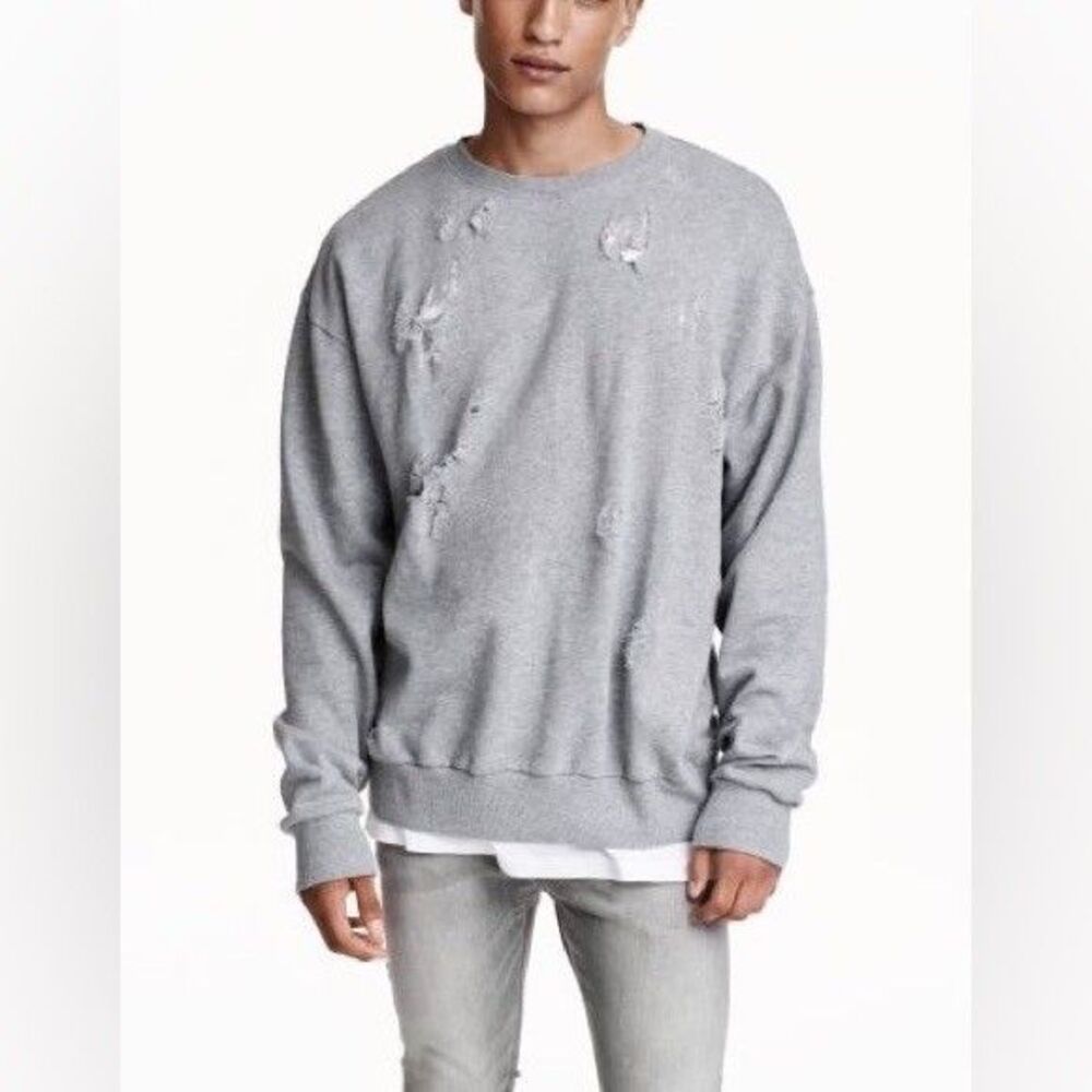 H&M Divided Gray "TRASHED" distressed longline sweater, Size XL